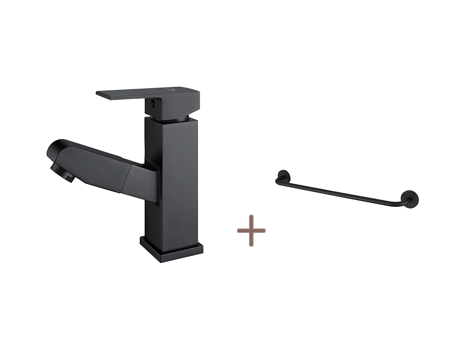 Auralummax Robinet Mitigeur Lavabo avec Douchette Extractible,Noir, Hauteur 187mm+Porte-Serviettes de Salle Bain,Auto-adhésif/ Perçage,60CM,INOX 304