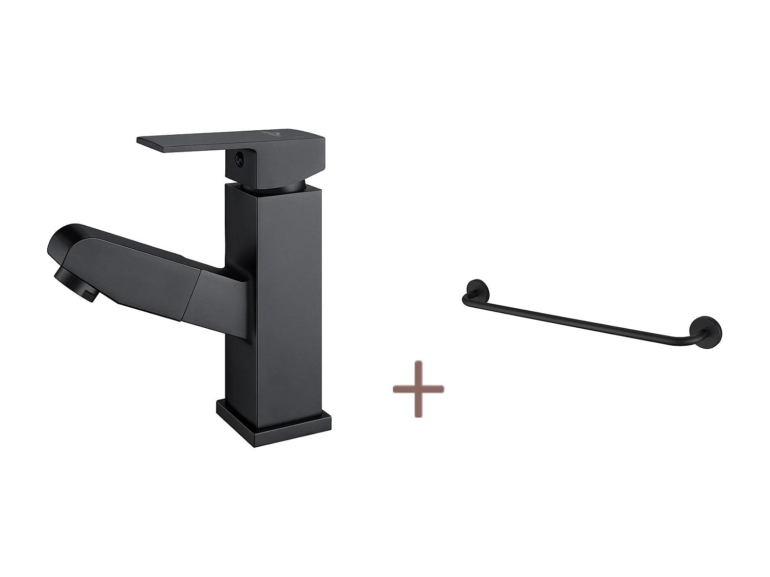 Auralummax Robinet Mitigeur Lavabo avec Douchette Extractible,Noir, Hauteur 187mm+Porte-Serviettes de Salle Bain,Auto-adhésif/ Perçage,60CM,INOX 304