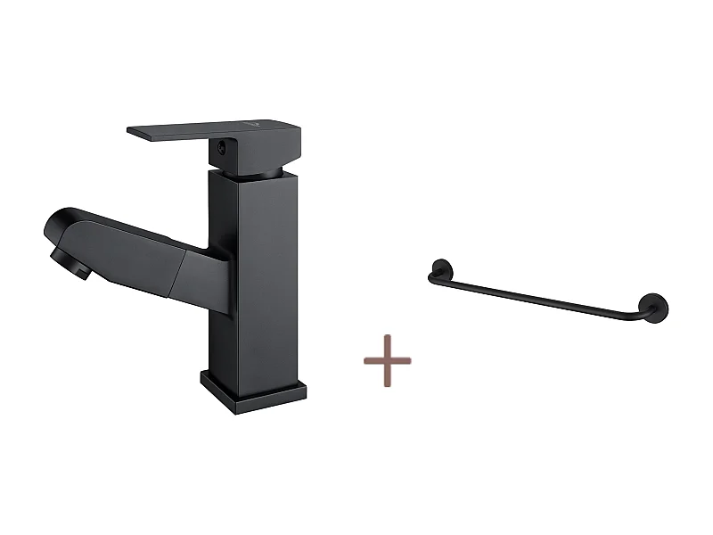 Auralummax Robinet Mitigeur Lavabo avec Douchette Extractible,Noir, Hauteur 187mm+Porte-Serviettes de Salle Bain,Auto-adhésif/ Perçage,60CM,INOX 304