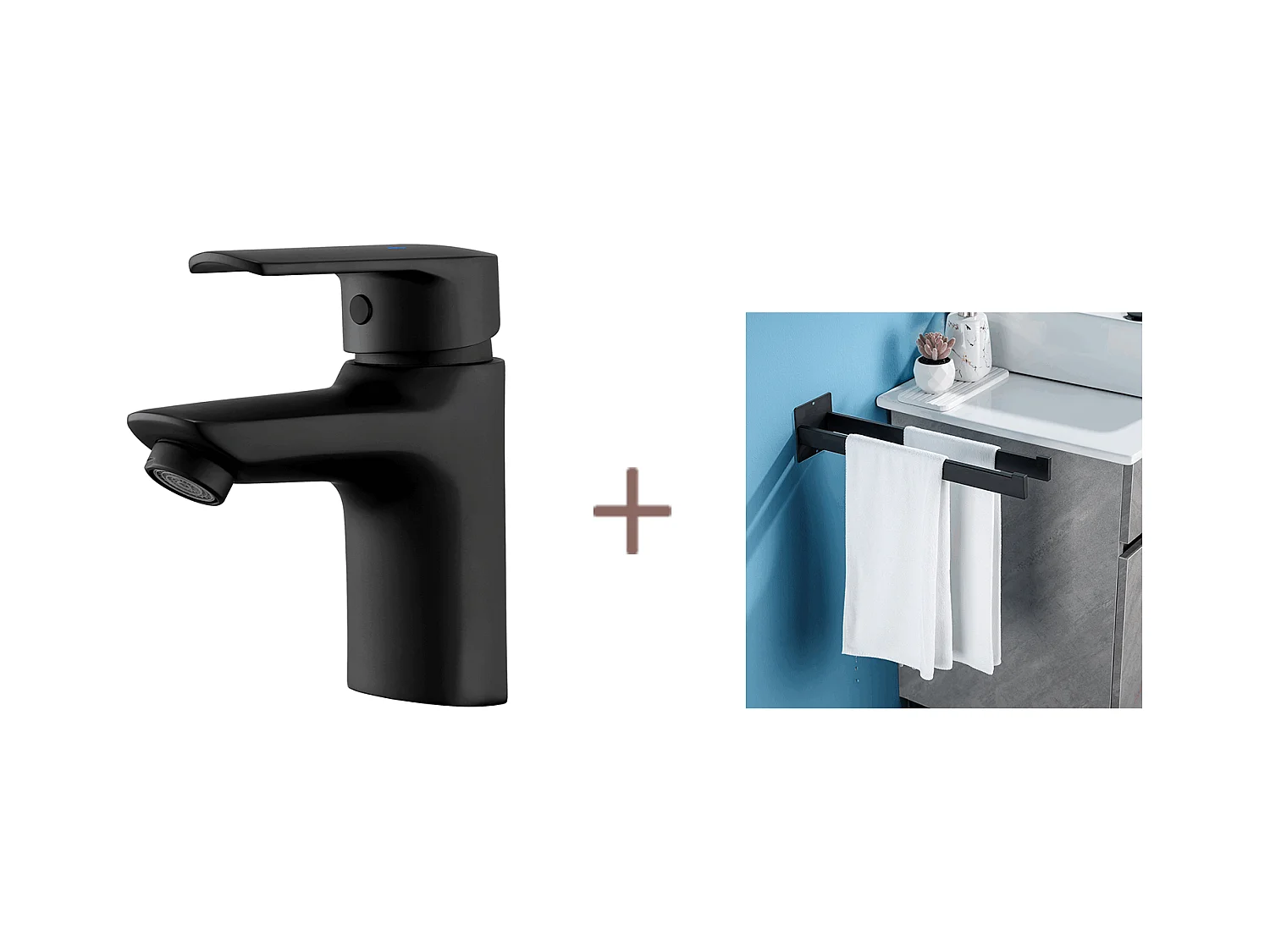 Auralum max Mezclador Lavabo MOnotrou con Agujero Tirador Vaciado,Grifo Baño Negro+Porta Toalla Cuarto Baño Adhesivo/Perforación,en Inox,Negro,40 CM