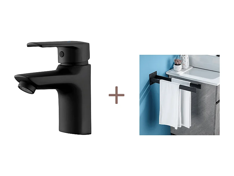 Auralum max Mezclador Lavabo MOnotrou con Agujero Tirador Vaciado,Grifo Baño Negro+Porta Toalla Cuarto Baño Adhesivo/Perforación,en Inox,Negro,40 CM