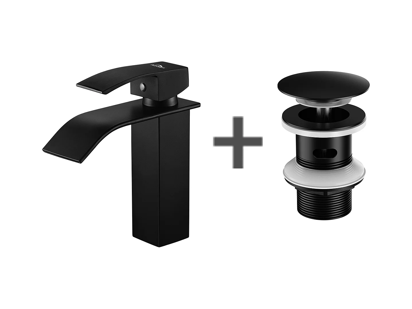 Mitigeur Lavabo Cascade Robinet pour Lavabo/Vasque+Bonde de Lavabo Bonde Pop-up avec Trop-plein Automatique Universelle,Noir