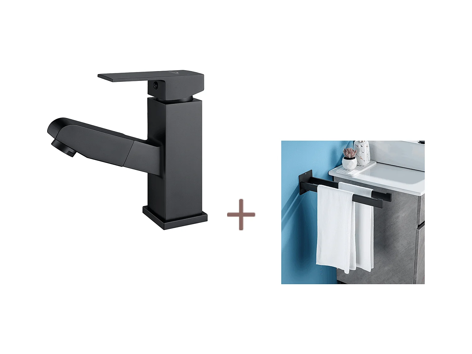 Auralum max Grifo MitiGeur Lavabo con Ducha Extraíble, Negro, +Porta Toallas Baño Adhesivo/Perforación,Barras Porta Toallas, Inox,40 CM