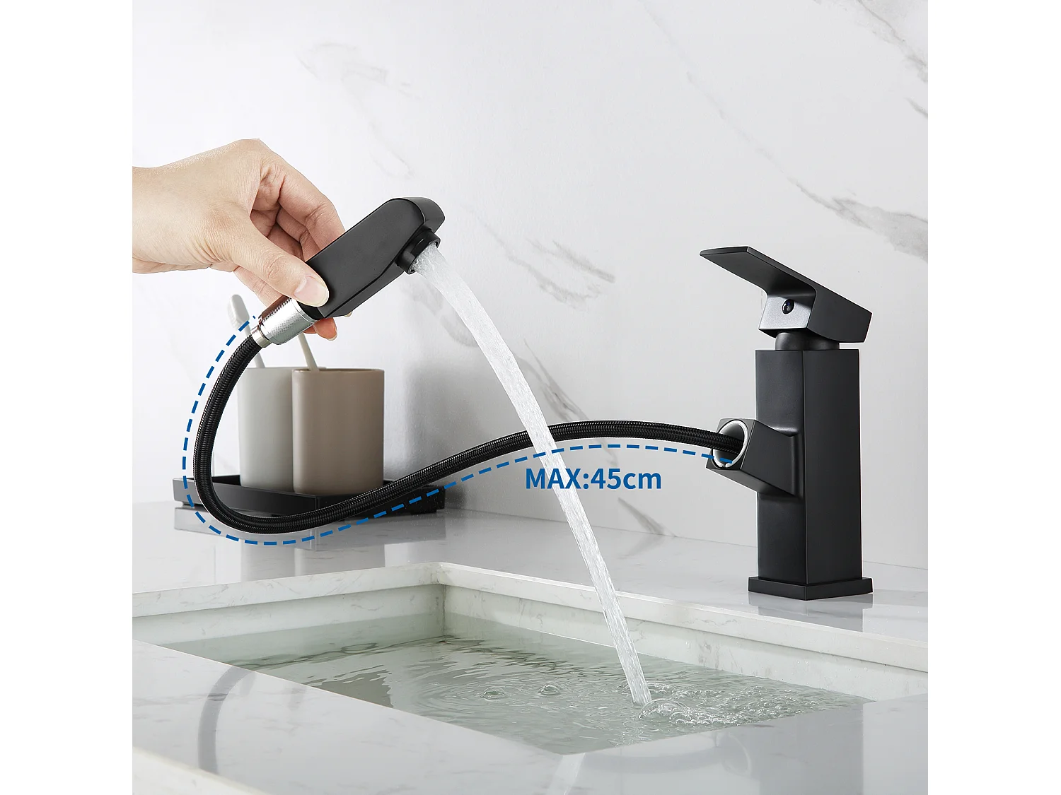 Auralum max Grifo MitiGeur Lavabo con Ducha Extraíble, Negro, +Porta Toallas Baño Adhesivo/Perforación,Barras Porta Toallas, Inox,40 CM