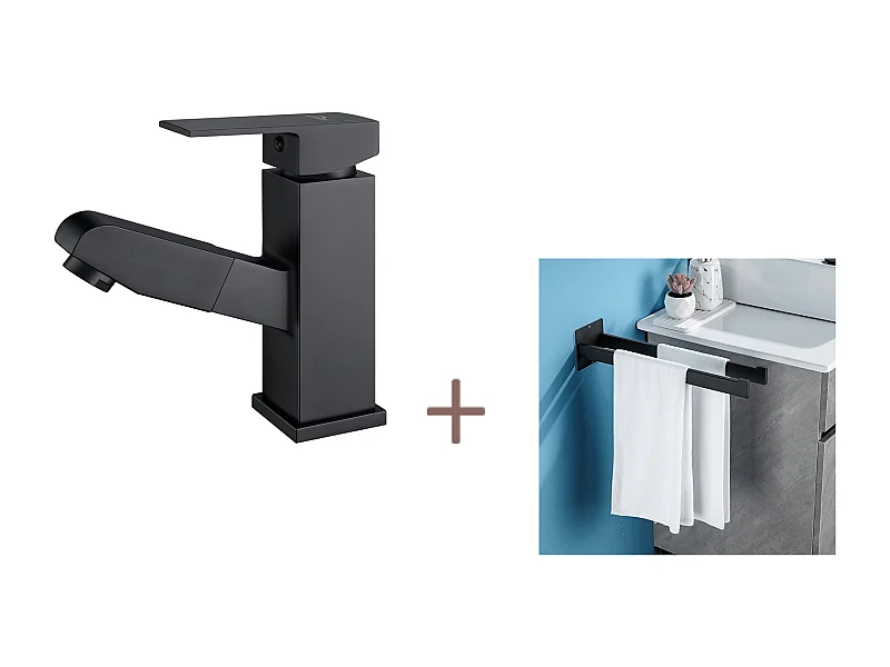 Auralum max Wastafelmengkraan met Uittrekbare Handdouche, Zwart, + Handdoekhouder Badkamer Zelfklevend/Boren, Handdoekstangen, RVS, 40 CM