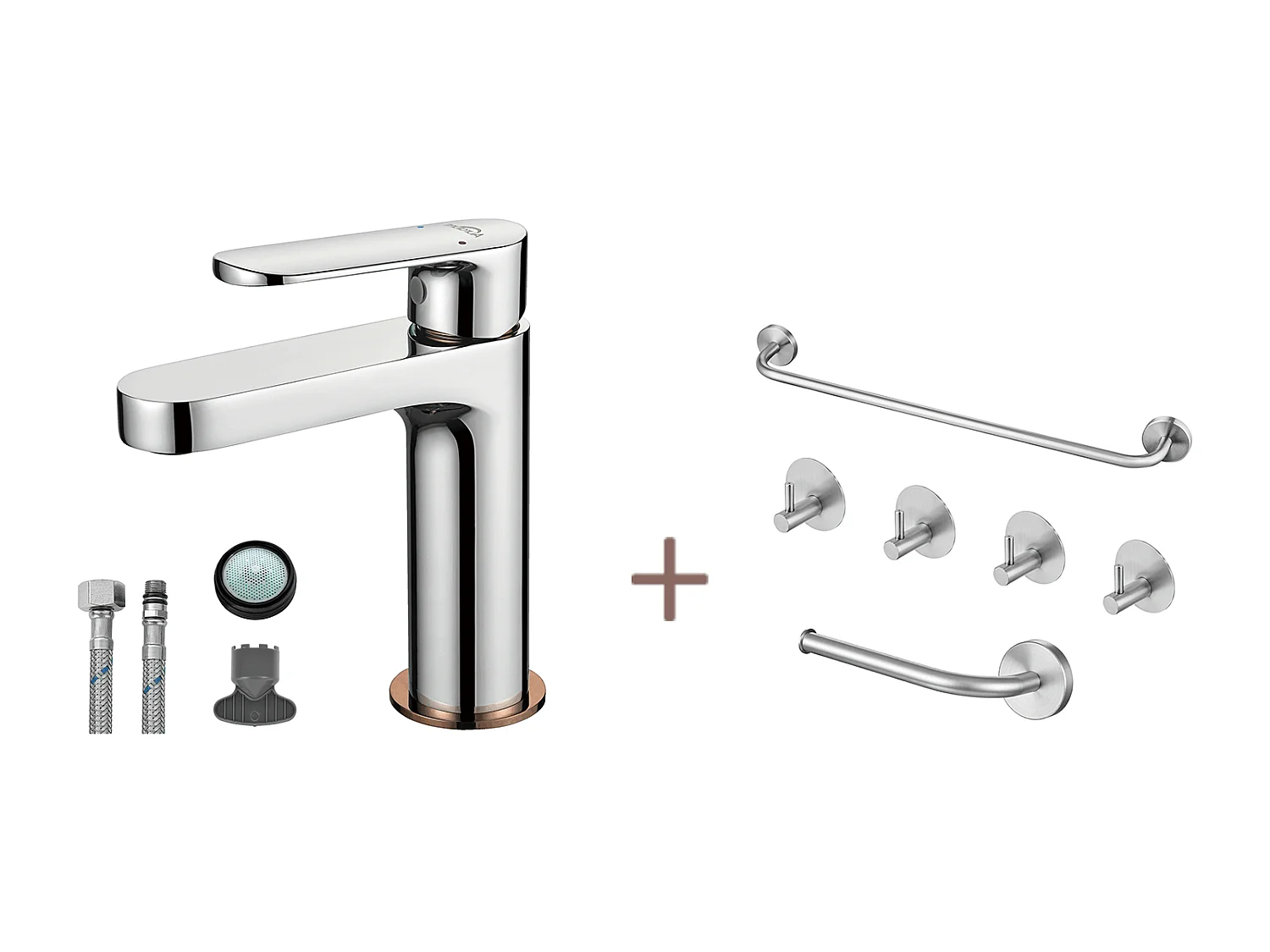 Moderner Badezimmerhahn,Waschtischmischer,Roségold-Finish,Chrom+6-teiliges Badezimmer-Zubehörset,Selbstklebend/Bohrer,Edelstahl,Gebürstet