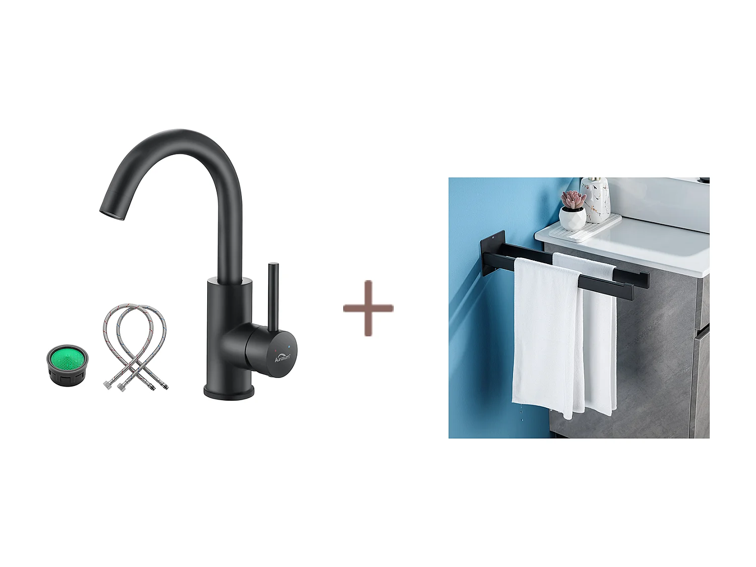 MitigeUr Wastafel,Auralum max Badkamerkraan Zwart 360° Draaibaar+Handdoekhouder Badkamer Zelfklevend/Boren,Handdoekstangen, RVS,40 CM