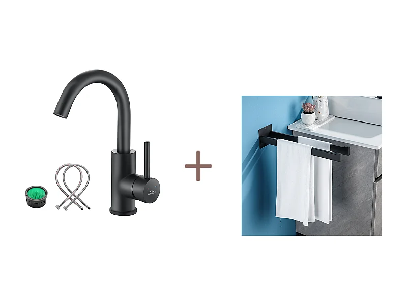 Mitigeur Lavabo,Auralum max Robinet Salle Bain Noir Rotatif 360°+Porte Serviette Salle de Bain Adhésif/Perçage,Barres Porte Serviettes, Inox,40 CM