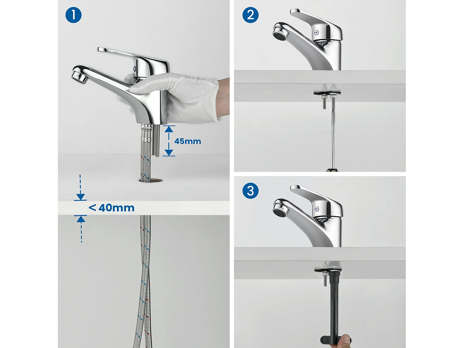 Auralum max Wastafelmengkraan met één gat zonder trekker Aftappen, VerchroomdMessing wastafelkraan + badkamerset accessoire 6-delig, roestvrij staal, geborsteld