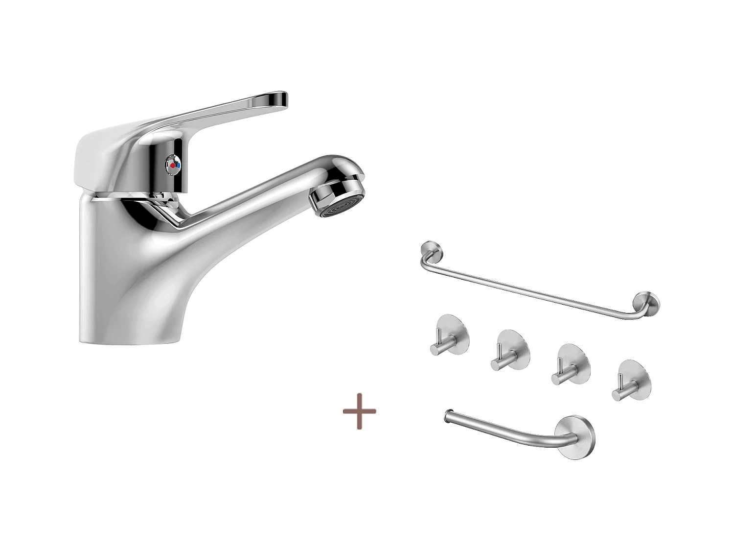 Auralum max Mitigeur Lavabo Monotrou sans Tirette Vidage, Chromé Robinetterie Lavabo en Laiton+Ensemble Salle Bain Accessoire 6 Pièces,Inox,Brossé