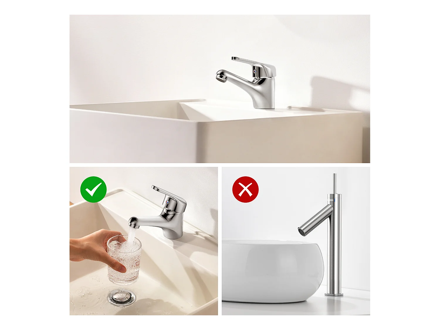 Auralum max Mitigeur Lavabo Monotrou sans Tirette Vidage, Chromé Robinetterie Lavabo en Laiton+Ensemble Salle Bain Accessoire 6 Pièces,Inox,Brossé