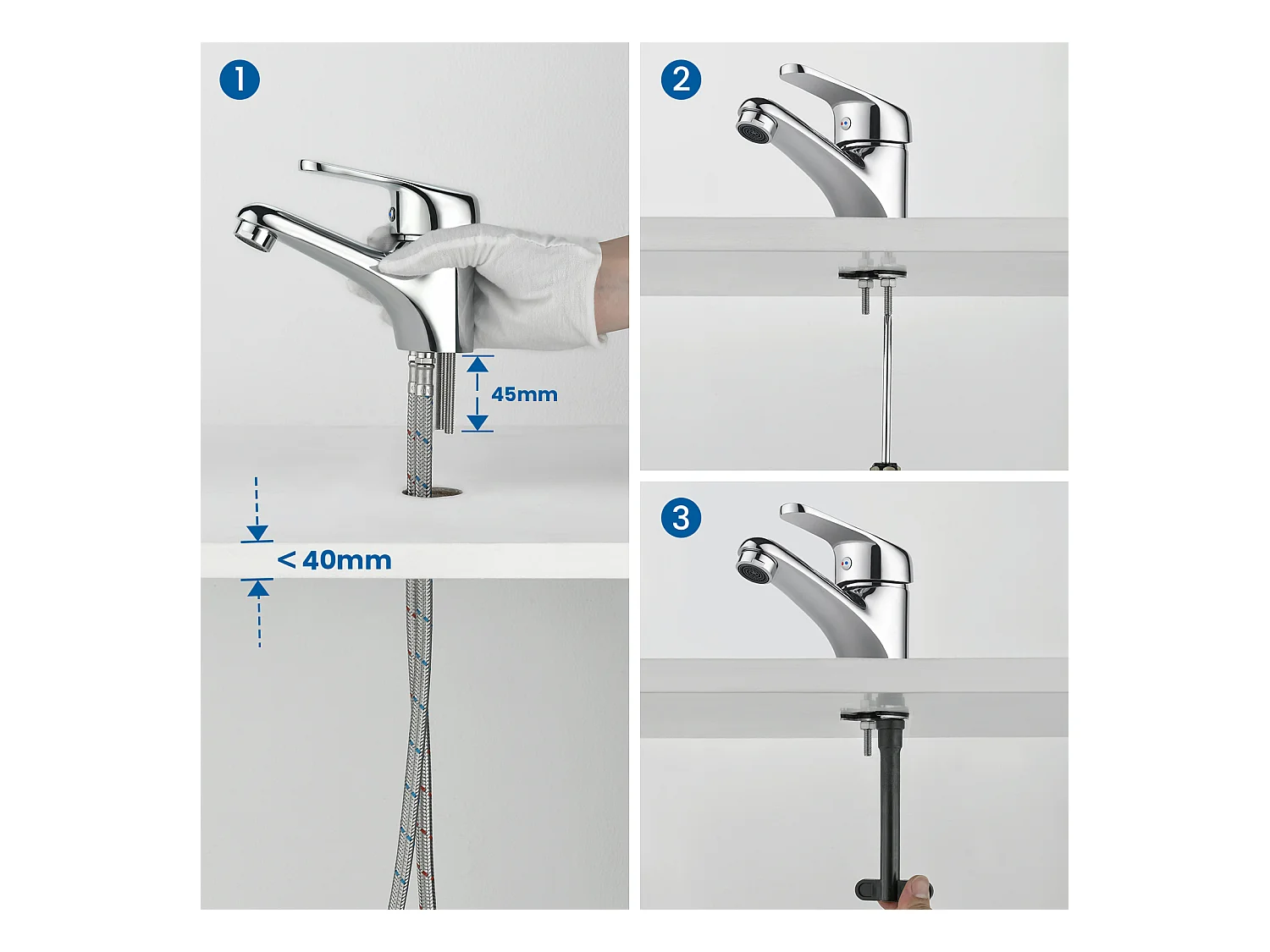 Auralum max Mitigeur Lavabo Monotrou sans Tirette Vidage, Chromé Robinetterie Lavabo en Laiton+Ensemble Salle Bain Accessoire 6 Pièces,Inox,Brossé
