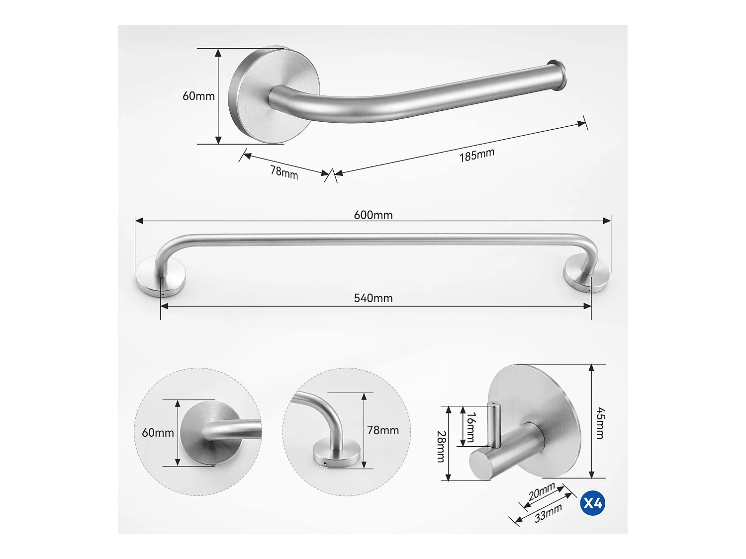 Auralum max Mitigeur Lavabo Monotrou sans Tirette Vidage, Chromé Robinetterie Lavabo en Laiton+Ensemble Salle Bain Accessoire 6 Pièces,Inox,Brossé