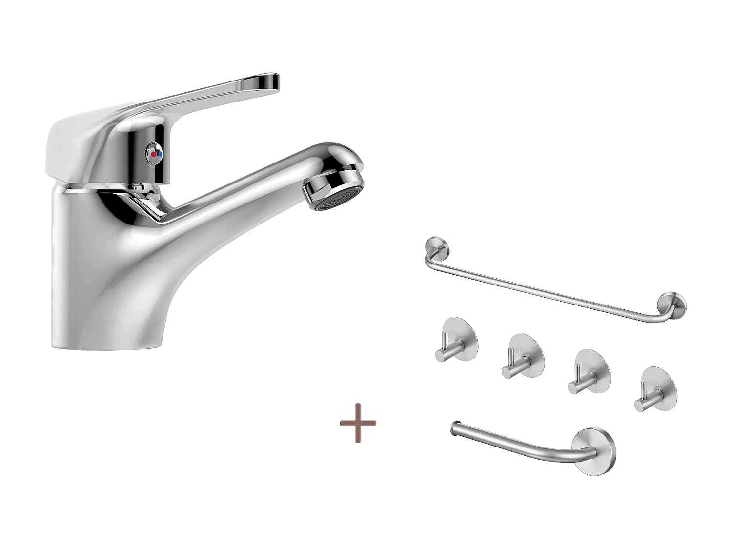 Auralum max Mitigeur Lavabo Monotrou sans Tirette Vidage, Chromé Robinetterie Lavabo en Laiton+Ensemble Salle Bain Accessoire 6 Pièces,Inox,Brossé