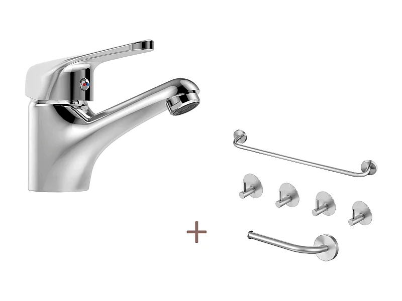 Auralum max Mitigeur Lavabo Monotrou sans Tirette Vidage, Chromé Robinetterie Lavabo en Laiton+Ensemble Salle Bain Accessoire 6 Pièces,Inox,Brossé