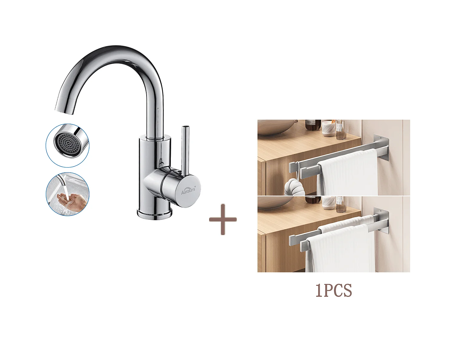 AURALUM MAX Robinet Lavabo Salle Bain Bec Haut Chromé Rotatif 360°+Porte Serviette Salle Bain Adhésif/Perçage,Barres Porte Serviettes Mural,Brossé