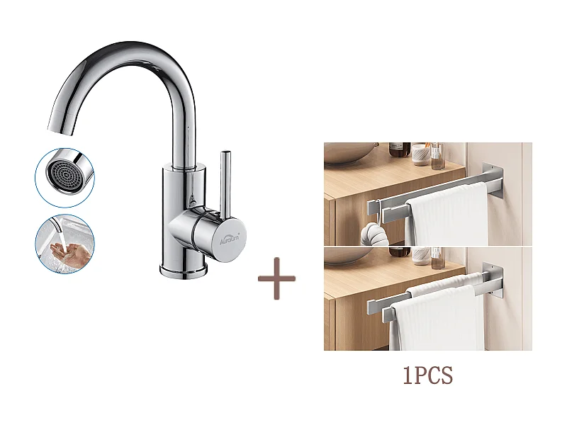 AURALUM MAX Robinet Lavabo Salle Bain Bec Haut Chromé Rotatif 360°+Porte Serviette Salle Bain Adhésif/Perçage,Barres Porte Serviettes Mural,Brossé