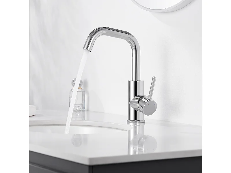 Waschtisch-Mischbatterie, 360° schwenkbar, hoher Waschtisch-Wasserhahn, wassersparender Einhebel-Waschbeckenhahn mit abnehmbarem Luftsprudler, Chrom