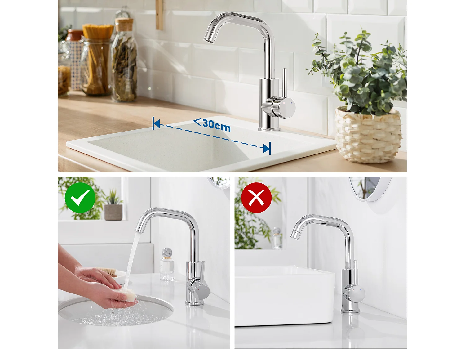 Waschtisch-Mischbatterie, 360° schwenkbar, hoher Waschtisch-Wasserhahn, wassersparender Einhebel-Waschbeckenhahn mit abnehmbarem Luftsprudler, Chrom