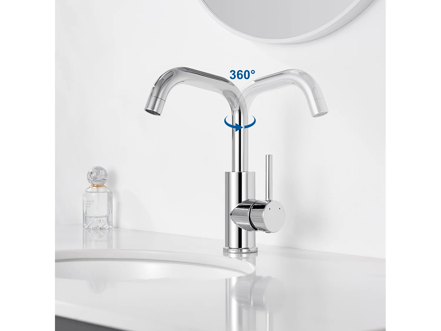 Waschtisch-Mischbatterie, 360° schwenkbar, hoher Waschtisch-Wasserhahn, wassersparender Einhebel-Waschbeckenhahn mit abnehmbarem Luftsprudler, Chrom