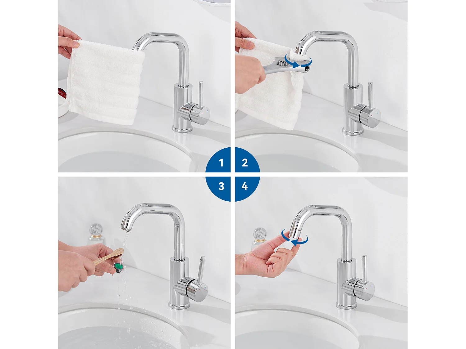 Waschtisch-Mischbatterie, 360° schwenkbar, hoher Waschtisch-Wasserhahn, wassersparender Einhebel-Waschbeckenhahn mit abnehmbarem Luftsprudler, Chrom