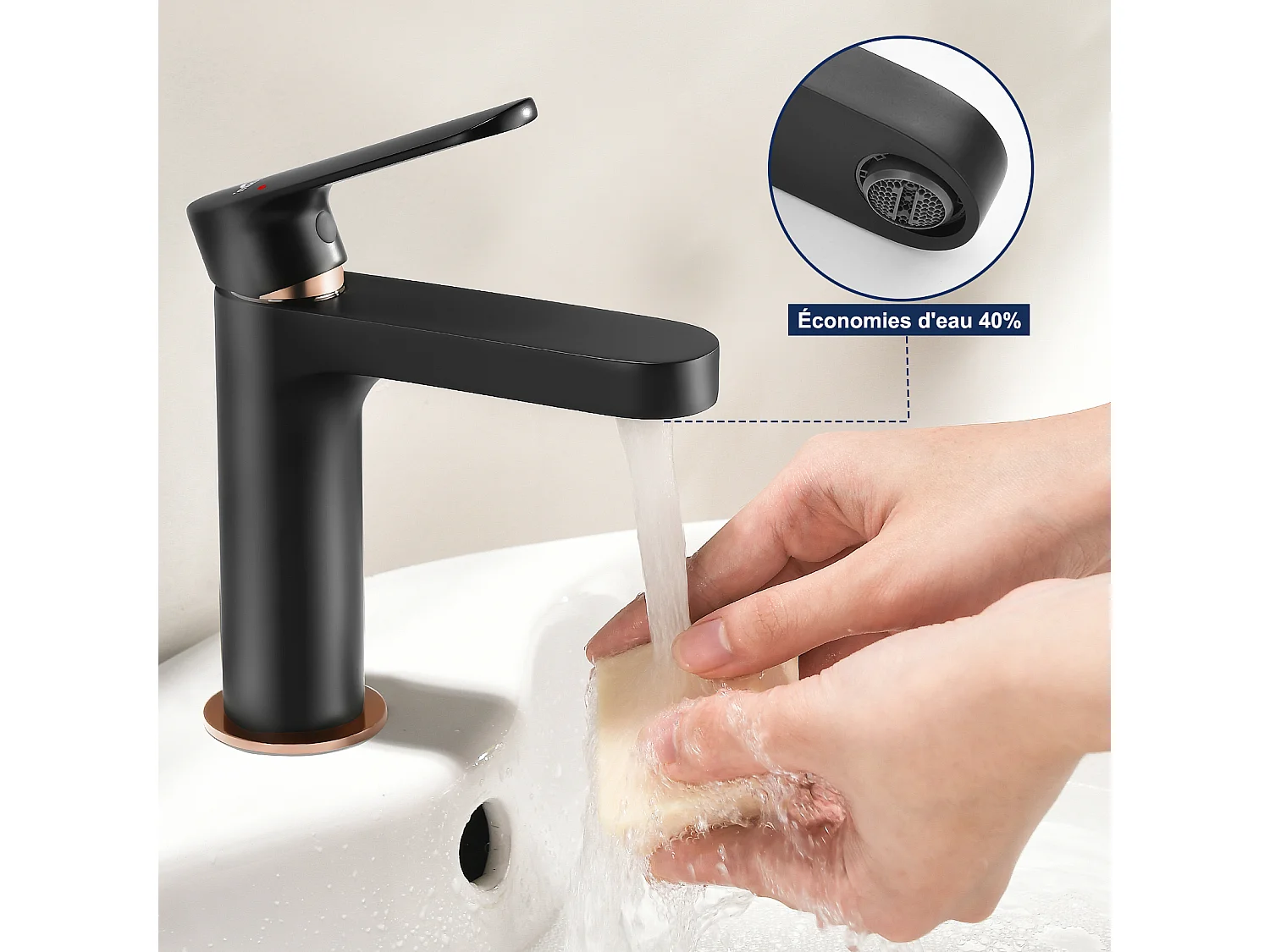 AuraLum Max Zwarte Wastafelkraan, Messing Badkamermengkraan, Koud en Warm Water, Afneembaar Wasbak, EU Model