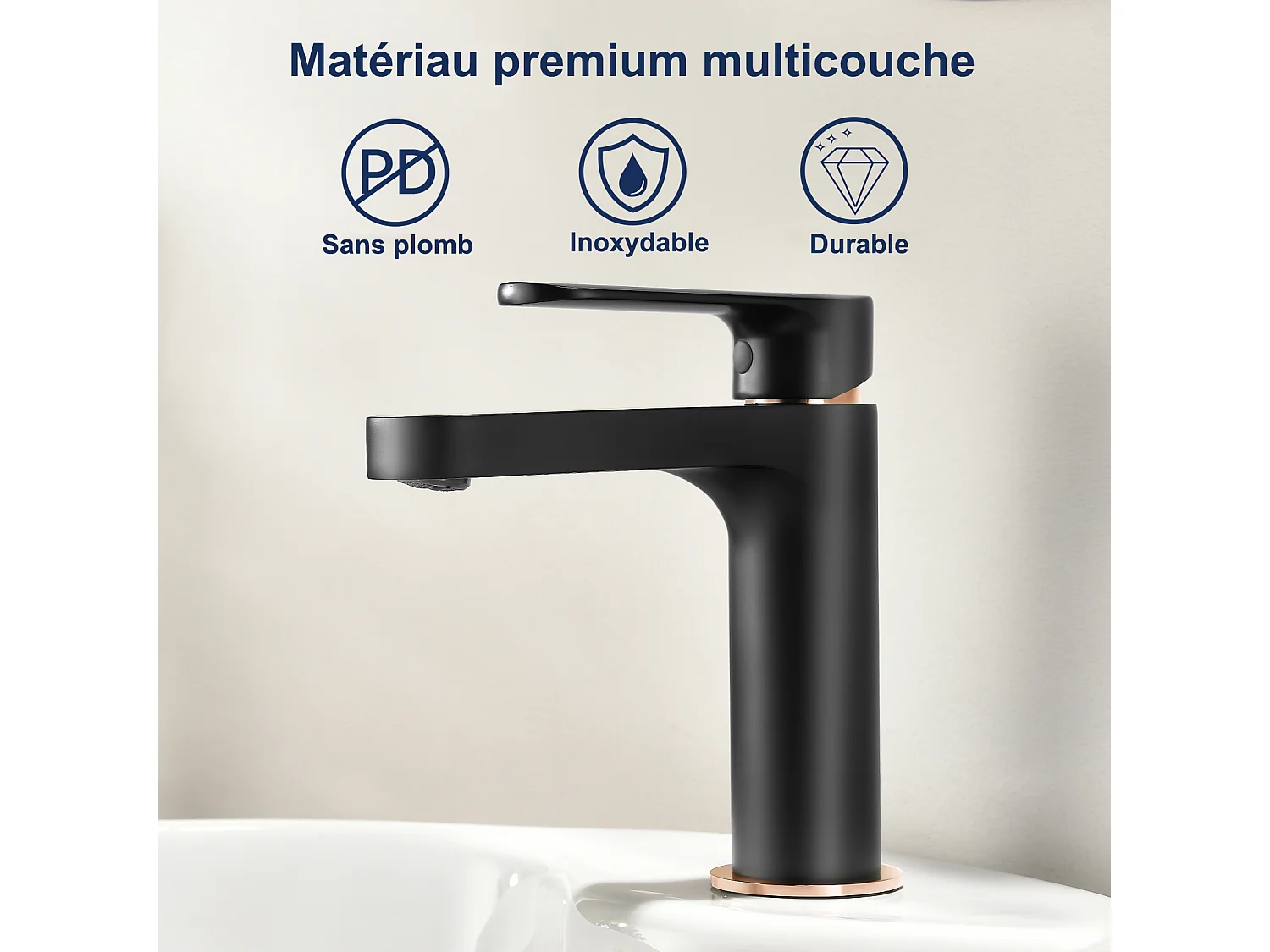 AuraLum Max Robinet de Lavabo Noir, Mitigeur Salle de Bain en Laiton, Eau froide et chaude, Barboteur démontable,EU Modèle
