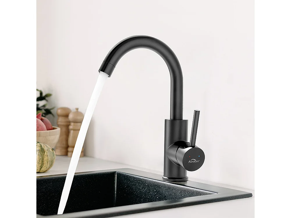 Waschtisch-Mischbatterie, AuraLum Max Schwarzer Badezimmer-Wasserhahn 360° drehbar, Waschtisch-Wasserhahn Gesamthöhe 260 mm mit abnehmbarem Luftsprudler, EU-Modell