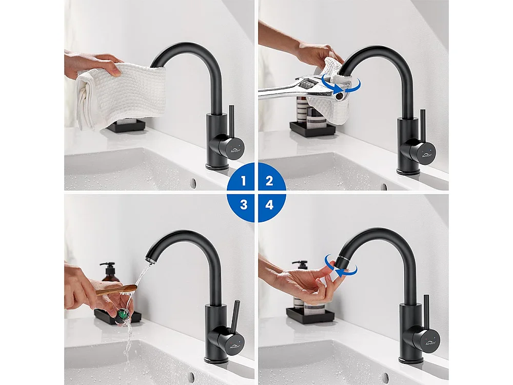 Waschtisch-Mischbatterie, AuraLum Max Schwarzer Badezimmer-Wasserhahn 360° drehbar, Waschtisch-Wasserhahn Gesamthöhe 260 mm mit abnehmbarem Luftsprudler, EU-Modell