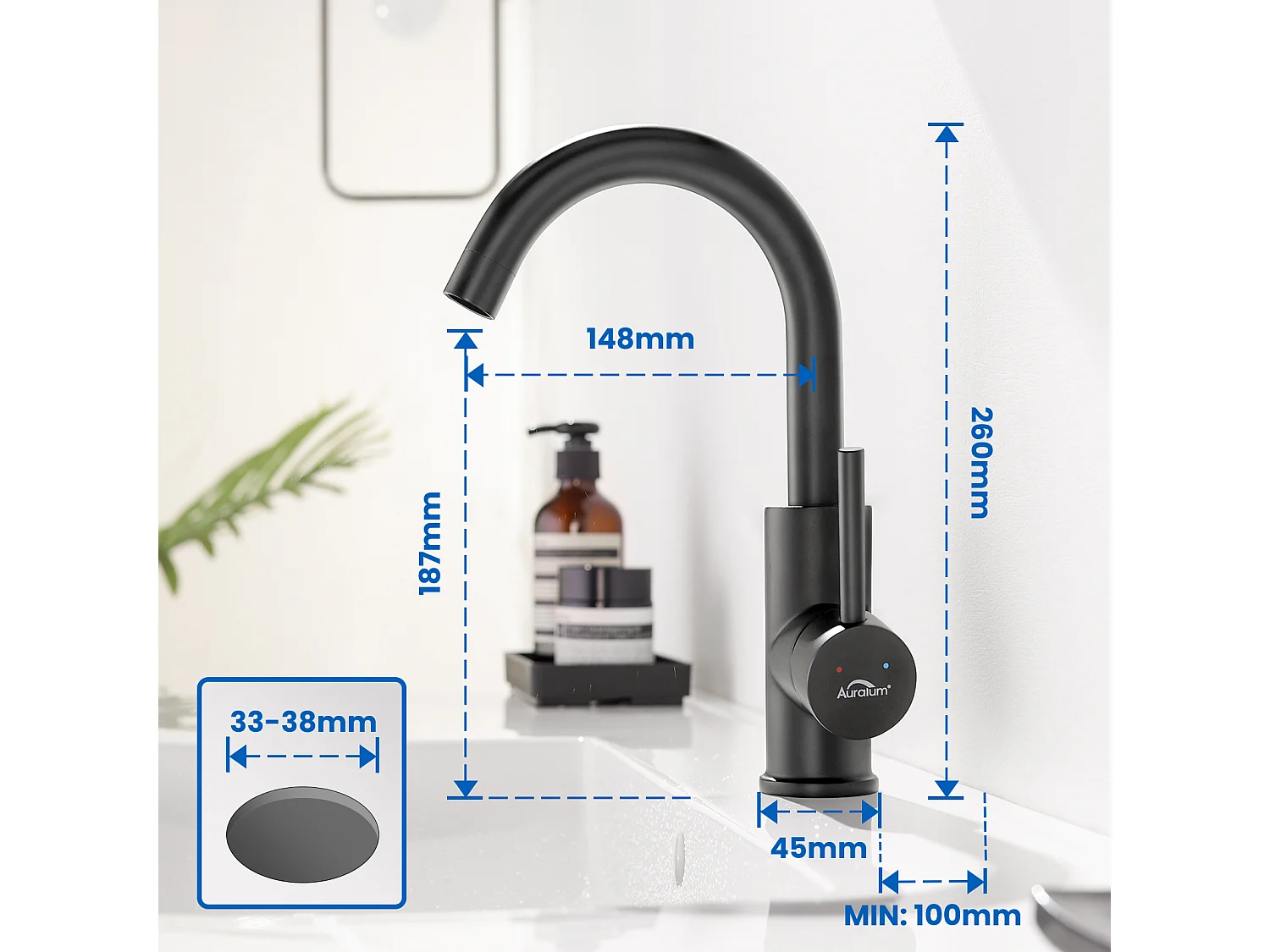 Miscelatore Lavabo, Rubinetto AuraLum MaxBagno Nero Rotativo a 360°, Rubinetto Lavabo Altezza Totale 260mm con Aeratore Demotable,Modello UE