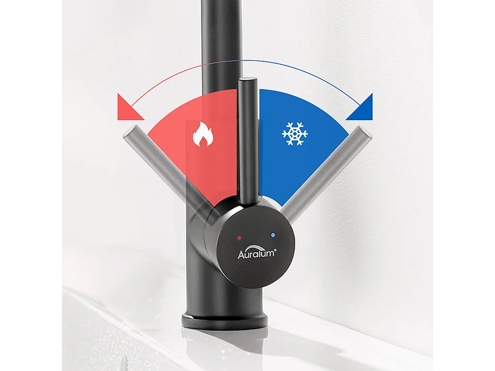 Miscelatore Lavabo, Rubinetto AuraLum MaxBagno Nero Rotativo a 360°, Rubinetto Lavabo Altezza Totale 260mm con Aeratore Demotable,Modello UE