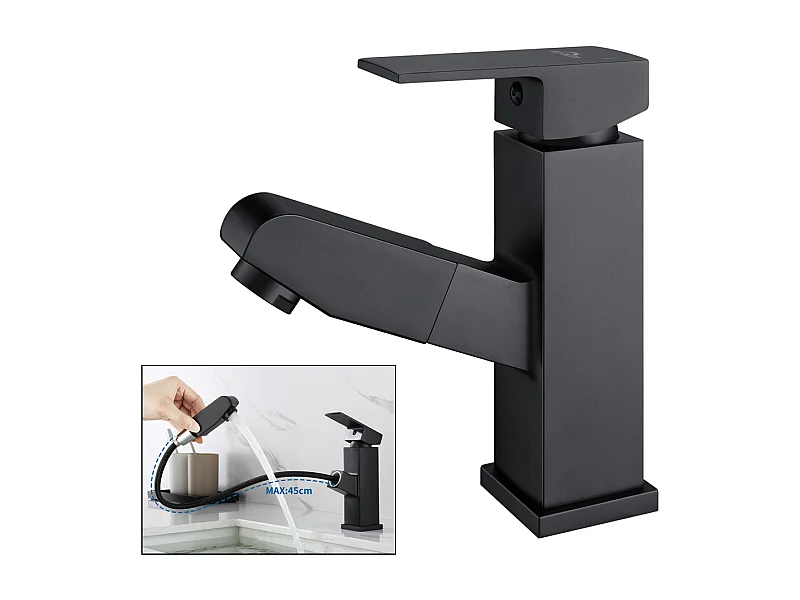 AuraLum Max Waschtisch-Mischbatterie mit ausziehbarer Brause, Badezimmer-Wasserhahn mit 2 Funktionen, Mischbatterie für heißes und kaltes Wasser, Schwarz, EU-Modell