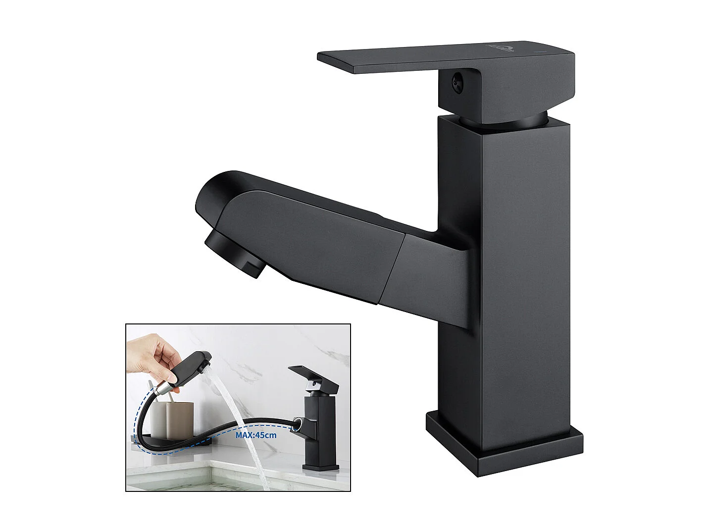 AuraLum Max Mitigeur Lavabo avec Douchette Extractible Robinet Salle De Bain avec 2 Fonctions Robinetterie Mitigeur Eau Chaude Froide,Noir,EU Modèle