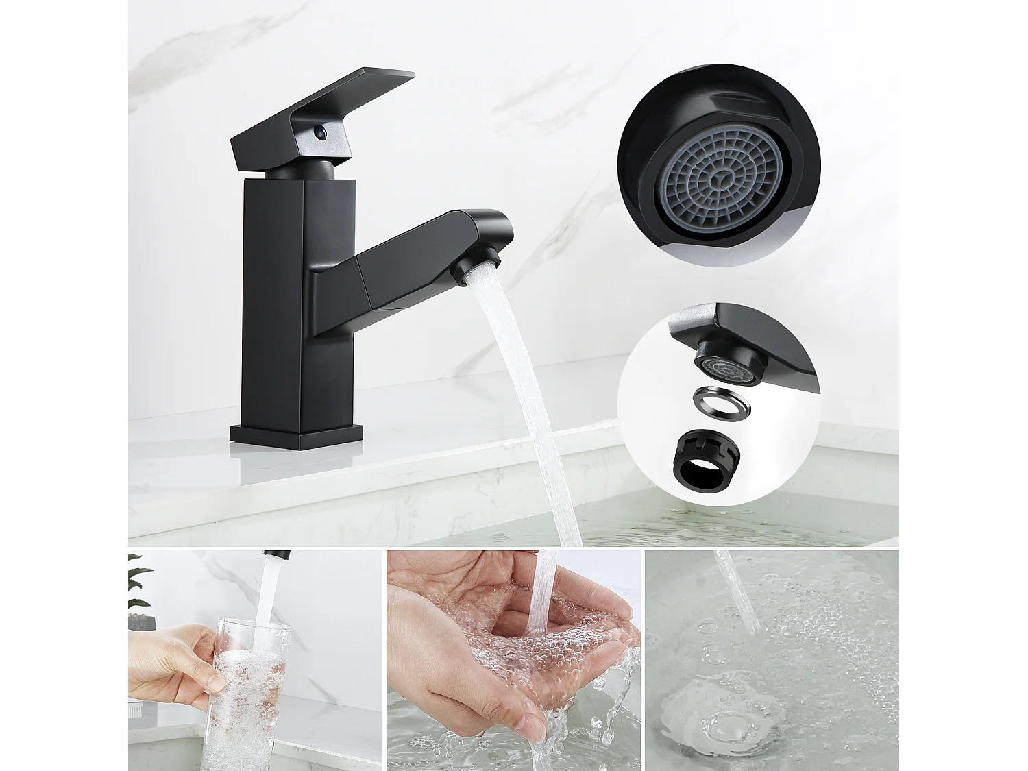 AuraLum Max Mitigeur Lavabo avec Douchette Extractible Robinet Salle De Bain avec 2 Fonctions Robinetterie Mitigeur Eau Chaude Froide,Noir,EU Modèle