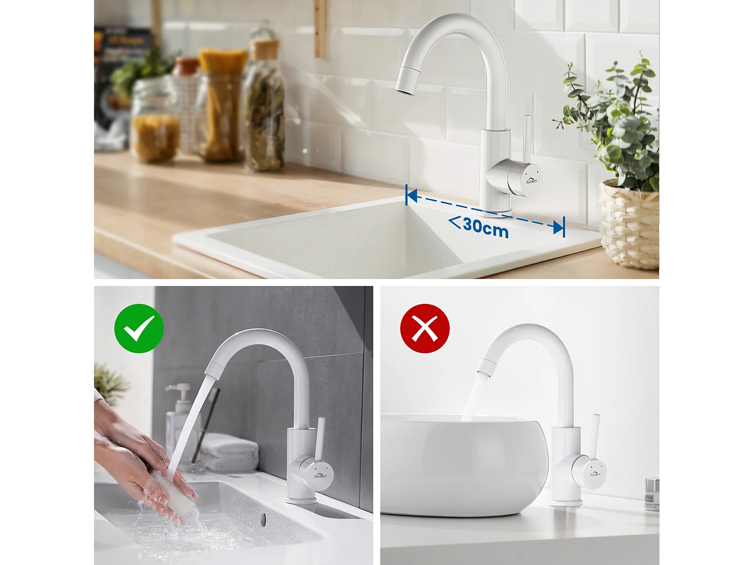 AuraLum Max Wastafelkraan Wit 360° Rotatie, Demonteerbare Romper, Koud/warm Water + Toiletborstelhouder Roestvrij Staal Toiletborstel Wandmontage, EU-model