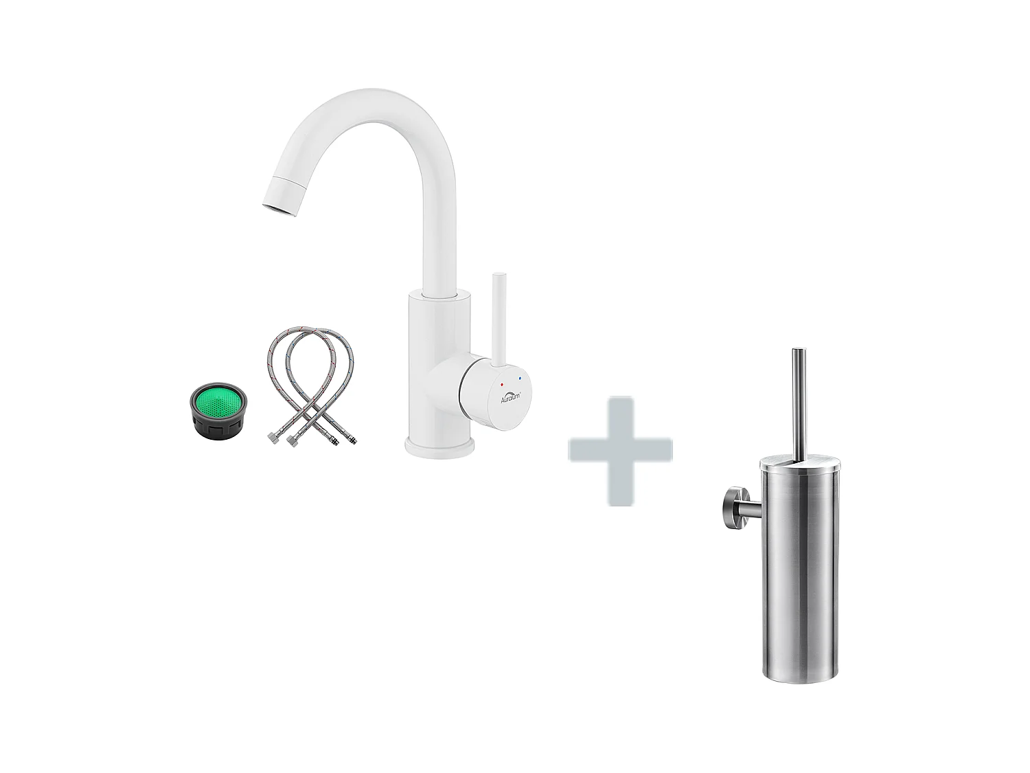 Rubinetto lavabo AuraLumMax bianco,rotazione 360°,gorgogliatore rimovibile,acqua calda/fredda+portascopino per WC in acciaio inossidabile,Modello UE