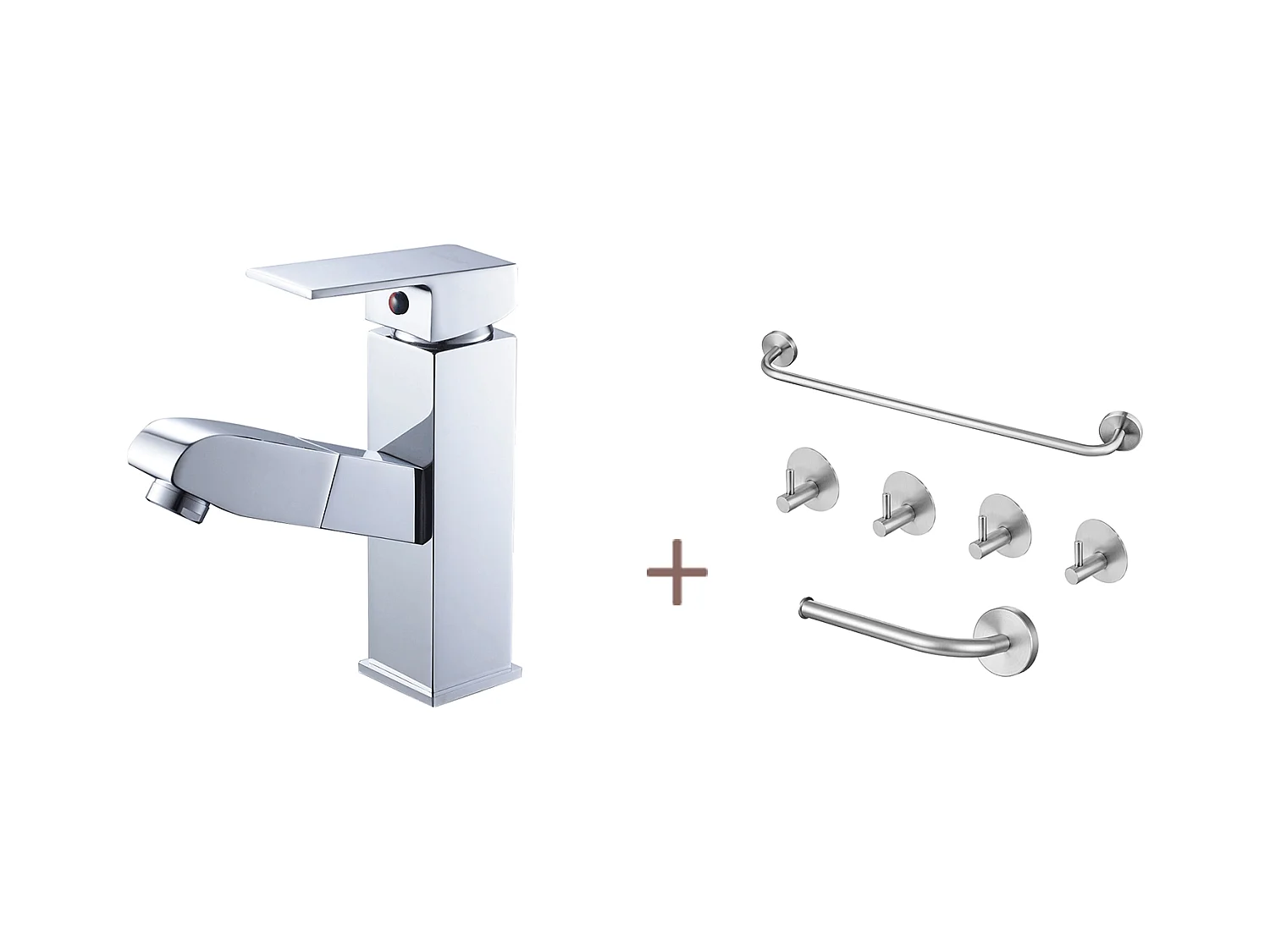 Robinet Lavabo avec Douchette Extractible,en Laiton,Chromé,Eau Froide/Chaude+Ensemble Salle Bain Accessoire 6 Pièces,Auto-adhésif/percer,Inox,Brossé