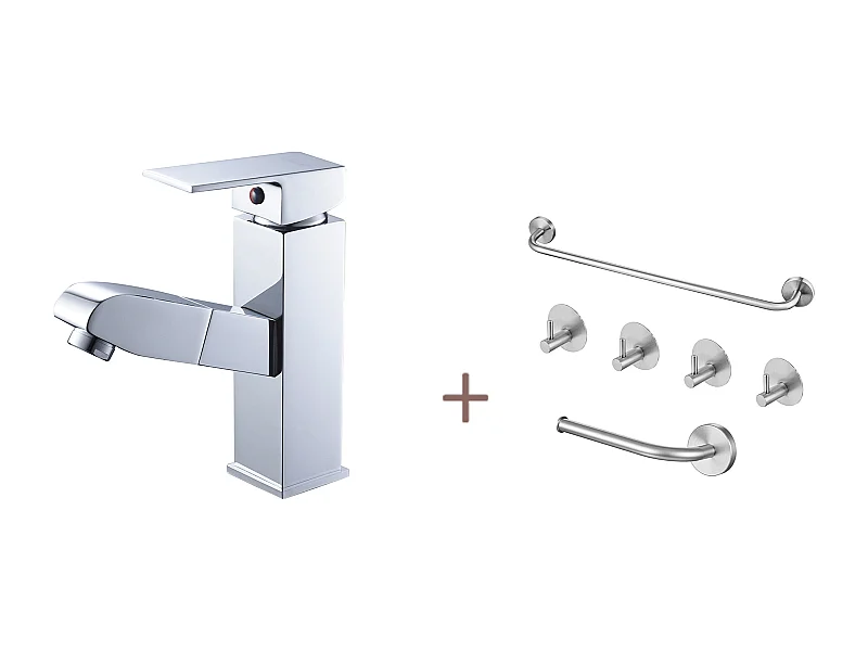 Robinet Lavabo avec Douchette Extractible,en Laiton,Chromé,Eau Froide/Chaude+Ensemble Salle Bain Accessoire 6 Pièces,Auto-adhésif/percer,Inox,Brossé