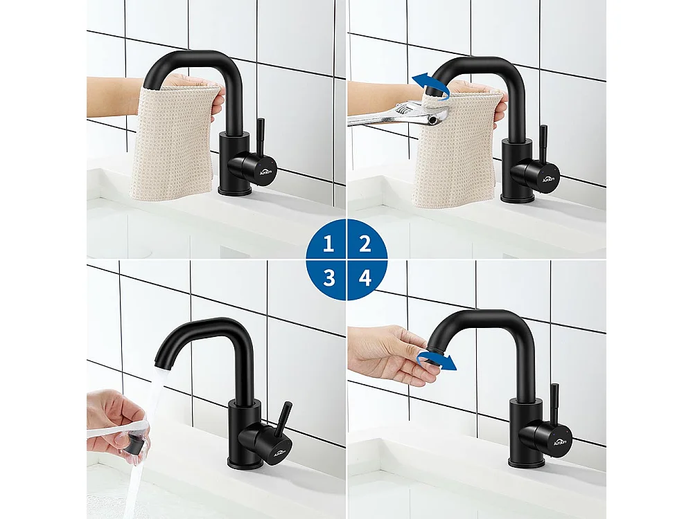 Auralum max Wastafelkraan Zwart met Afwerpbaar, 360° Draaibaar+SetE Badkamer Accessoire 6 Stuks, Zelfklevend/boren, RVS, Zwart