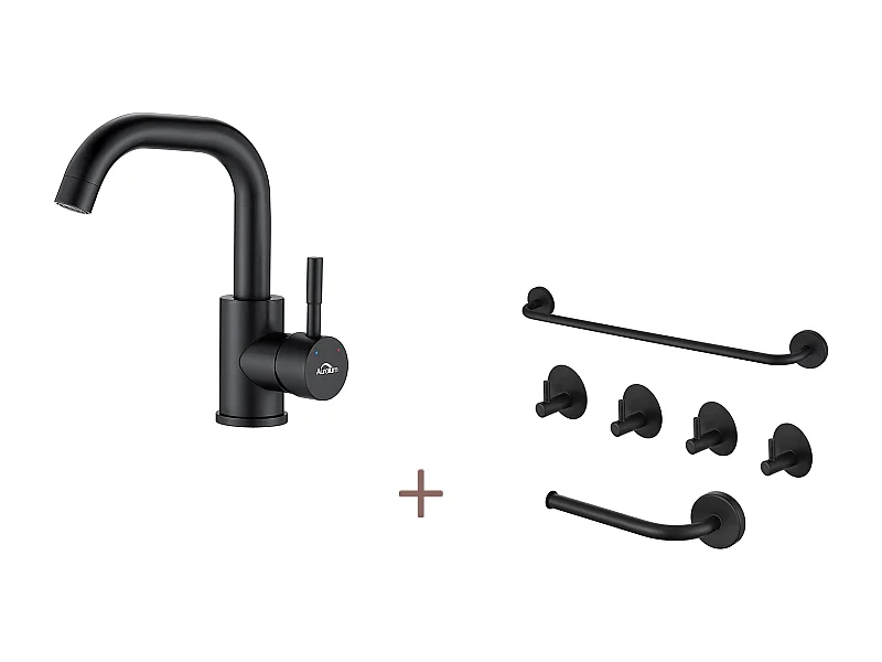 Auralum max Robinet Lavabo Noir avec Barboteur Démotable, Rotation à 360°+Ensemble Salle Bain Accessoire 6 Pièces,Auto-adhésif/percer,Inox,Noir
