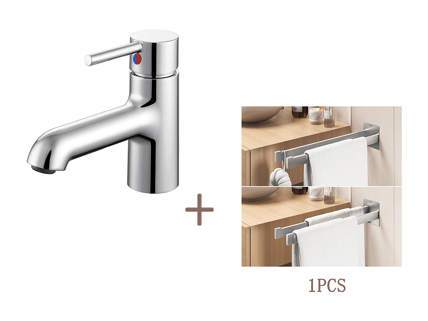 Auralum max Wastafelkraan met Flexibele Aansluiting,Wastafelmengkraan Badkamer Koud/Warmwater+Handdoekhouder Badkamer Zelfklevend/Boren,Geborsteld