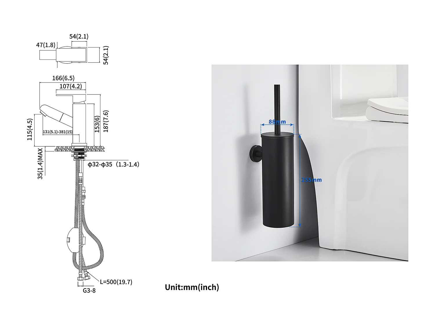 Miti kraanGeur Wastafel met Uittrekbare Handdouche,Zwart, Hoogte 187mm+Wc Toiletborstel Hangend met Borstelhouder, RVS,Zwart