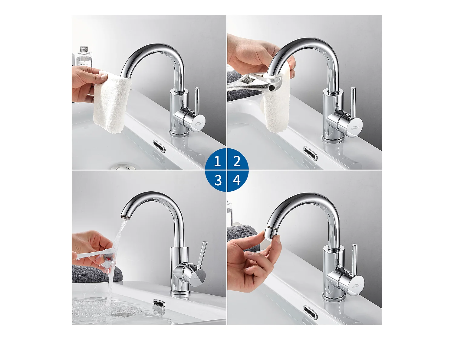 AuraLum Max 2pcs Robinet Lavabo Salle de Bain Forme en U Bec Haut Mitigeur de Lavabo Chromé Brillant Rotatif 360° Robinet Mitigeur Lavabo,EU Modèle