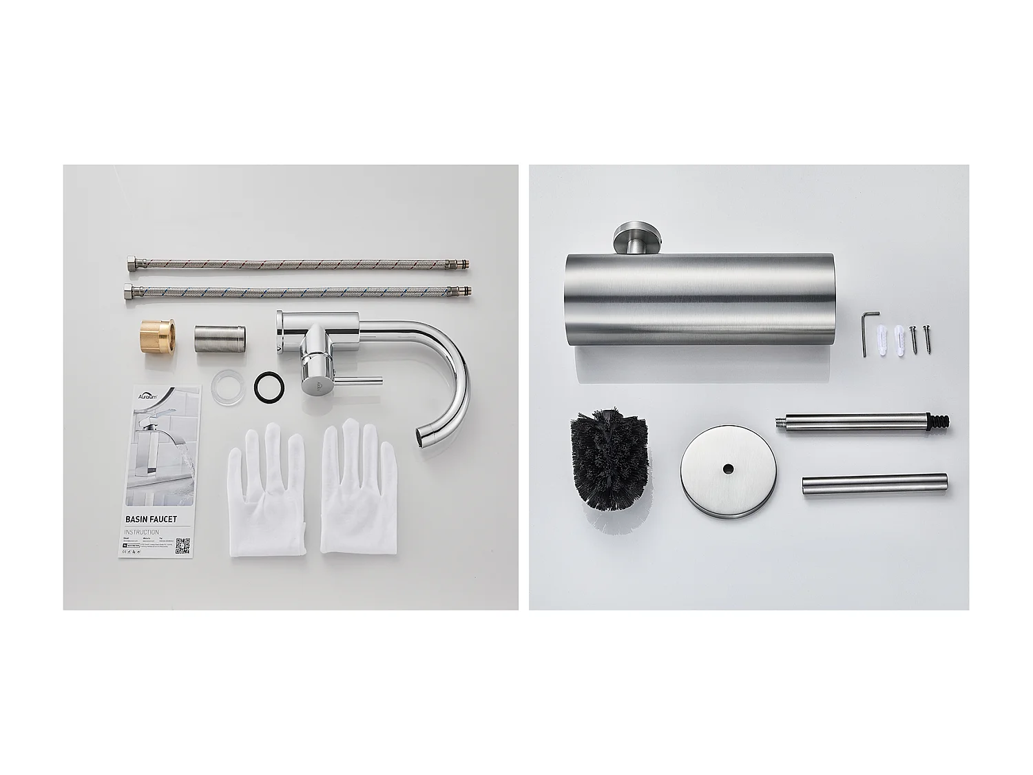 AuraLum Max Grifo para lavabo baño,caño alto,cromado brillante, giratorio 360°+soporte para escobilla de baño,escobilla de pared de acero inoxidable