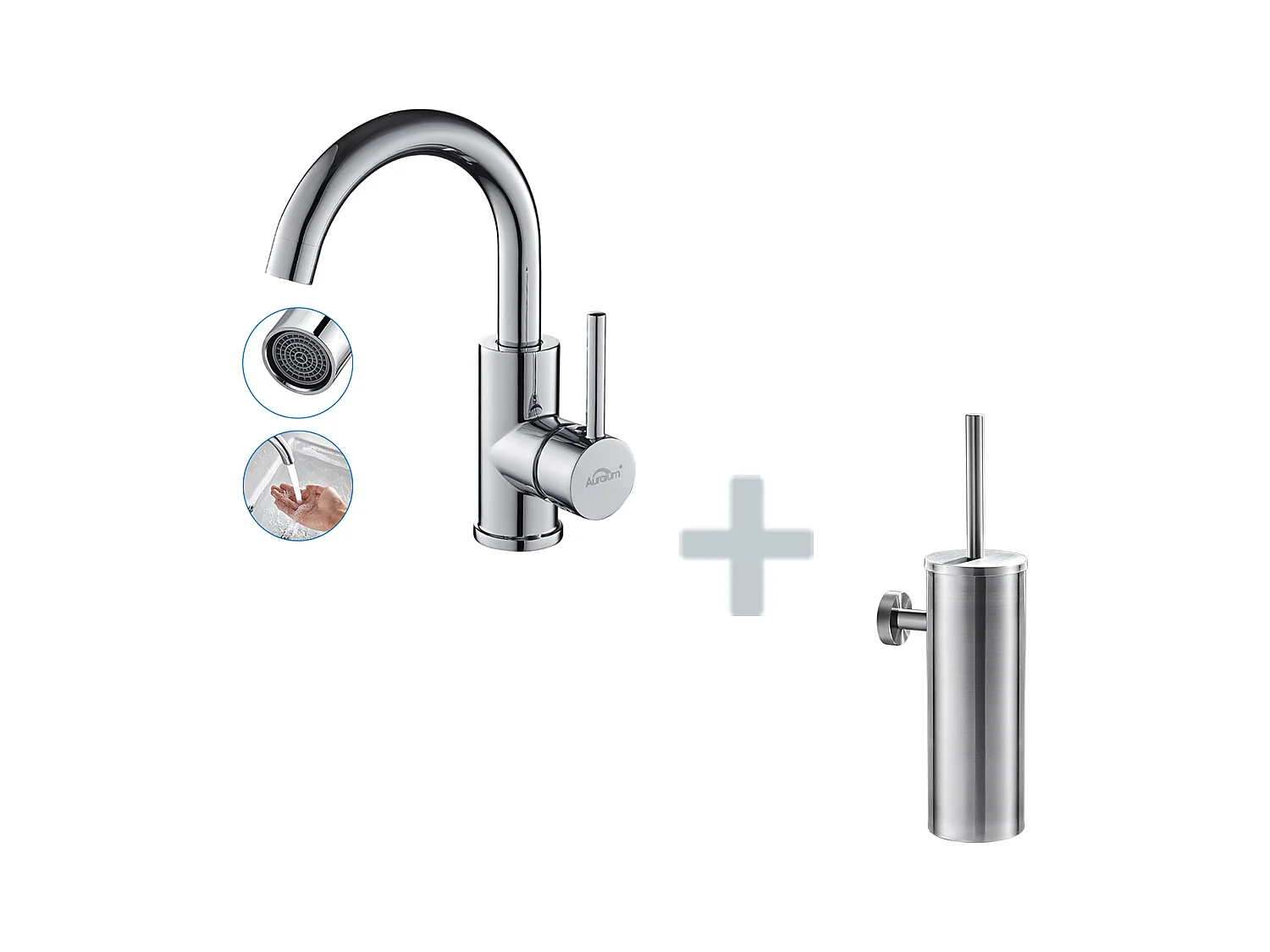 AuraLum Max Robinet Lavabo Salle de Bain Bec Haut Chromé Brillant Rotatif 360°+Porte Brosse Toilette Acier Inoxydable Brosse WC Mural,EU Modèle