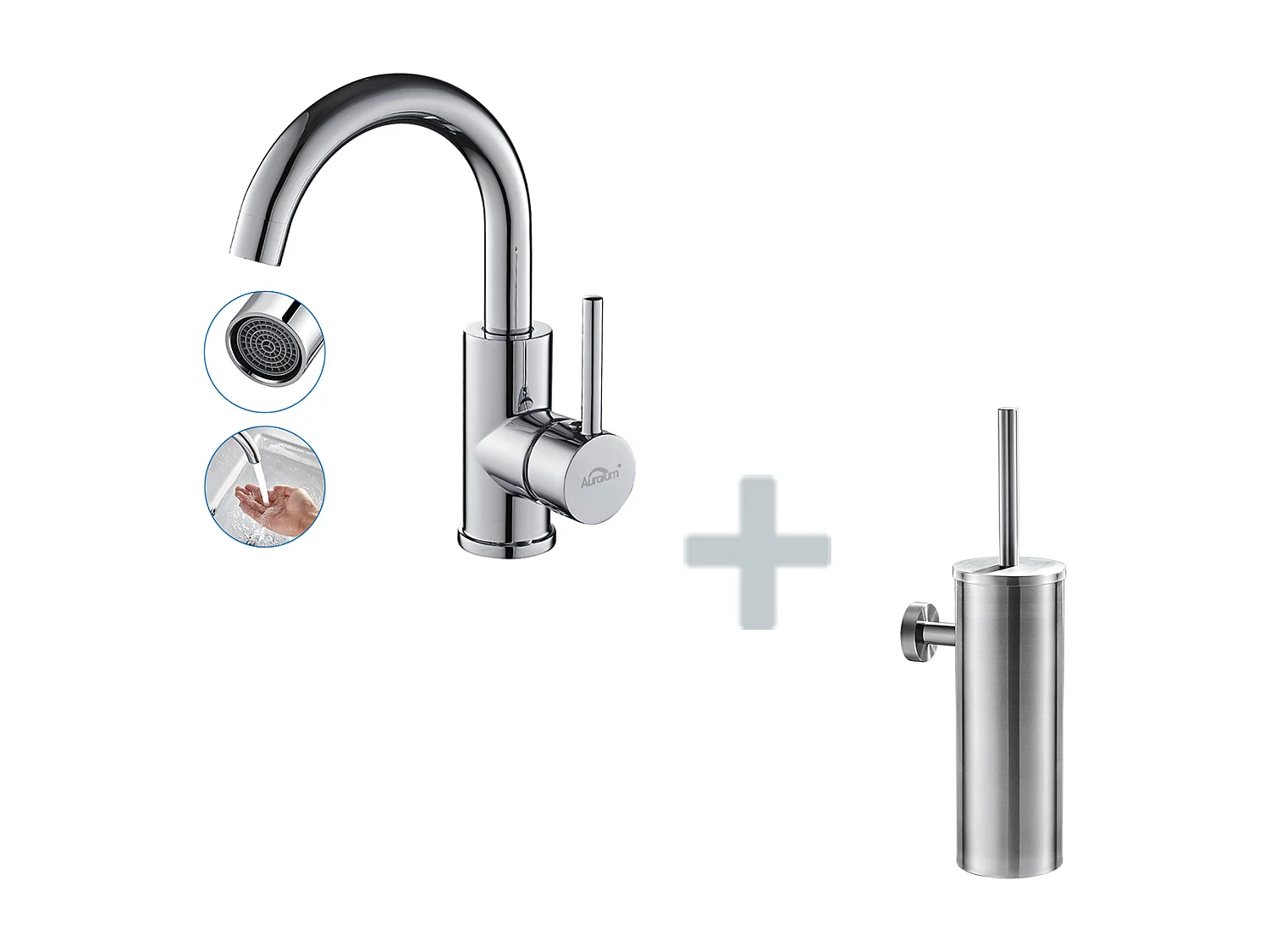 AuraLum Max Robinet Lavabo Salle de Bain Bec Haut Chromé Brillant Rotatif 360°+Porte Brosse Toilette Acier Inoxydable Brosse WC Mural,EU Modèle