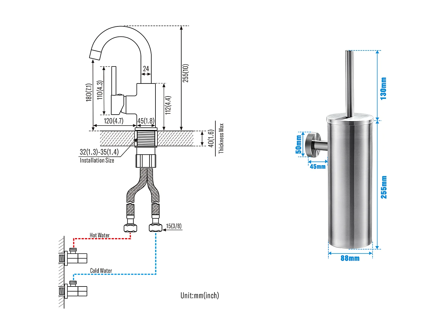 AuraLum Max Robinet Lavabo Salle de Bain Bec Haut Chromé Brillant Rotatif 360°+Porte Brosse Toilette Acier Inoxydable Brosse WC Mural,EU Modèle