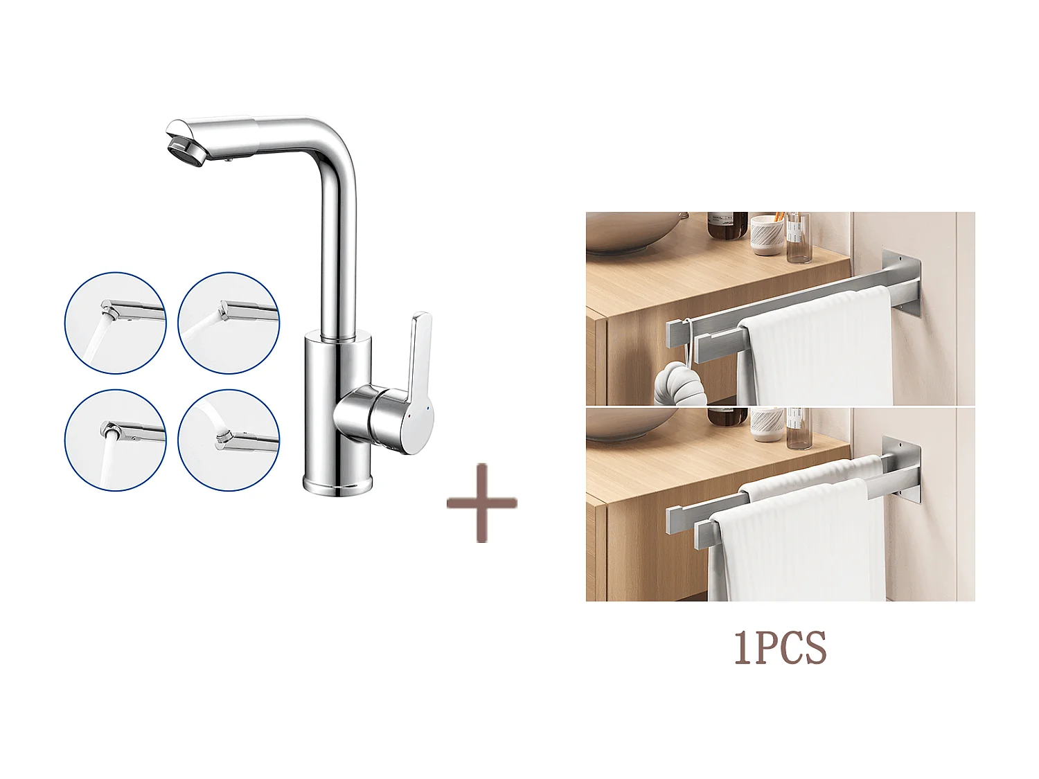 Auralum MAX Robinet Lavabo avec Bec Pivotant à 360°,Chromé +Porte Serviette Salle Bain Adhésif/Perçage,Barres Porte Serviettes Mural,Brossé