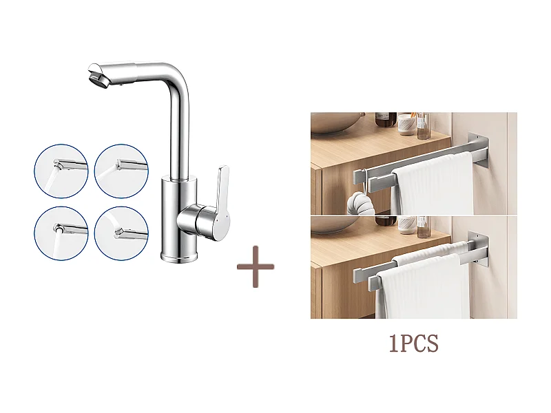Auralum MAX Robinet Lavabo avec Bec Pivotant à 360°,Chromé +Porte Serviette Salle Bain Adhésif/Perçage,Barres Porte Serviettes Mural,Brossé