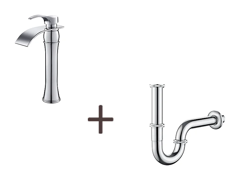 Mitigeur Lavabo Cascade Robinet Lavabo/Vasque Haute Bec Moocommand,Chromé+Siphon de Lavabo Forme U Tube de Siphon Anti-odeurs, Ø32 mm,Chromé